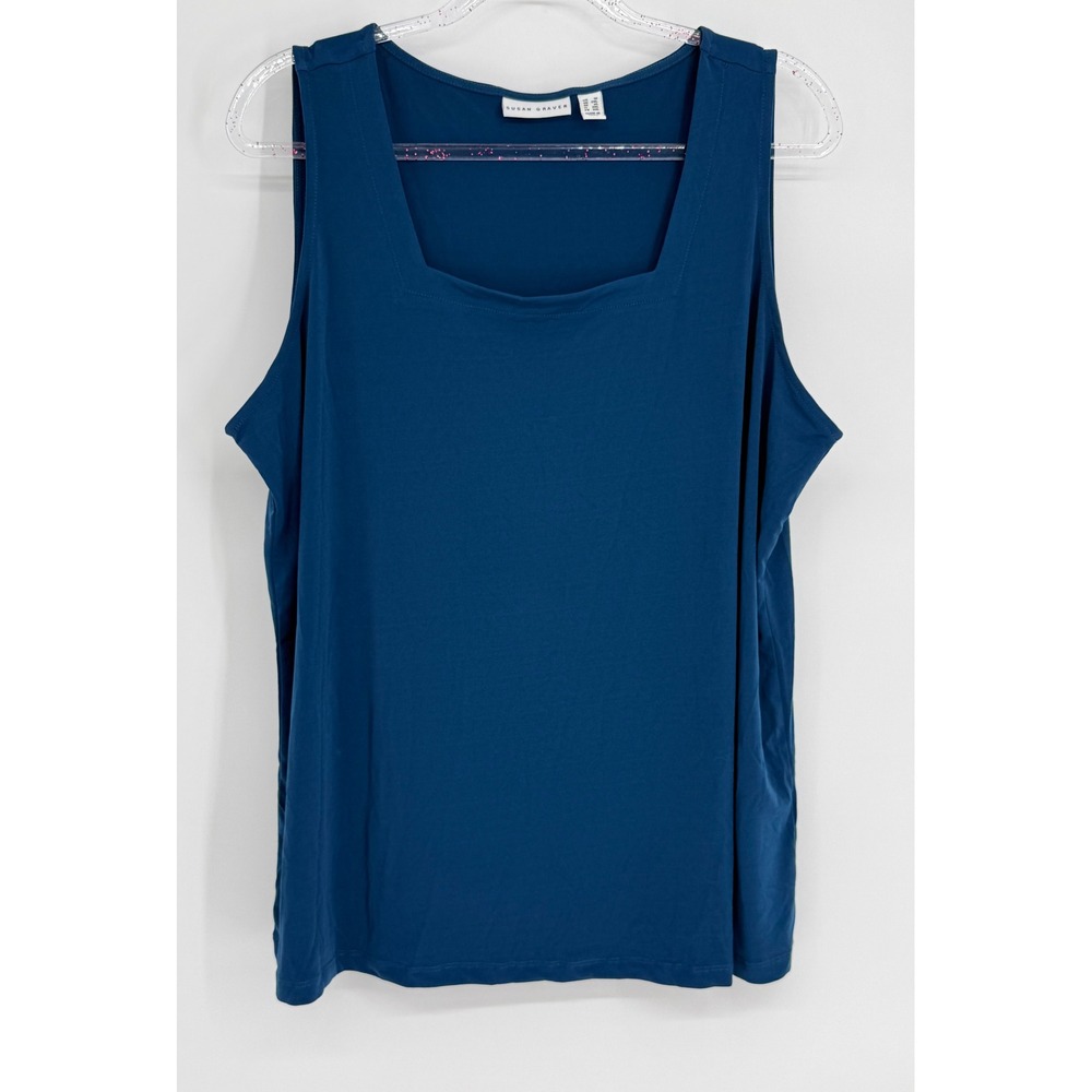 Susan Graver Liquid Knit Square Neck Tank Top Blue Plus Sz‎ 1X Sleeveless Shell
